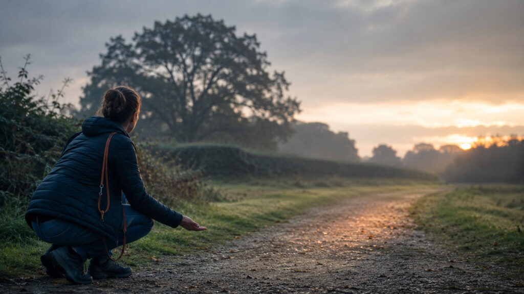 What to Do If Your Dog Goes Missing: A Step-by-Step Plan Dog owner crouching low on a British parkland path at dusk, holding a lead and calmly calling for a missing dog.