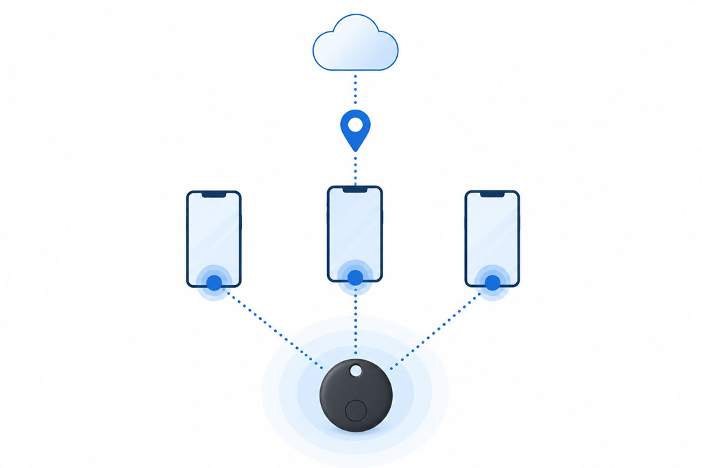 Diagram showing how a Bluetooth tracker's location is relayed anonymously through nearby smartphones