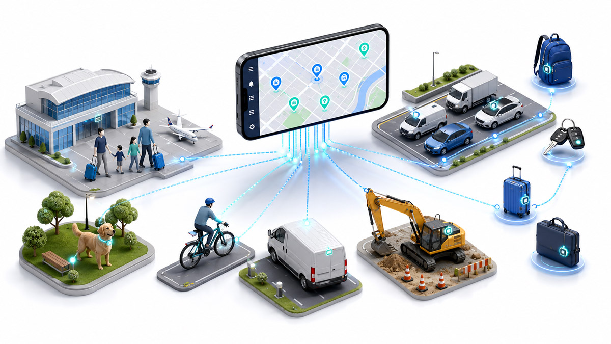 Illustration of everyday tracqueur applications including luggage tracking, fleet vehicles, pet GPS collars and bike tracking