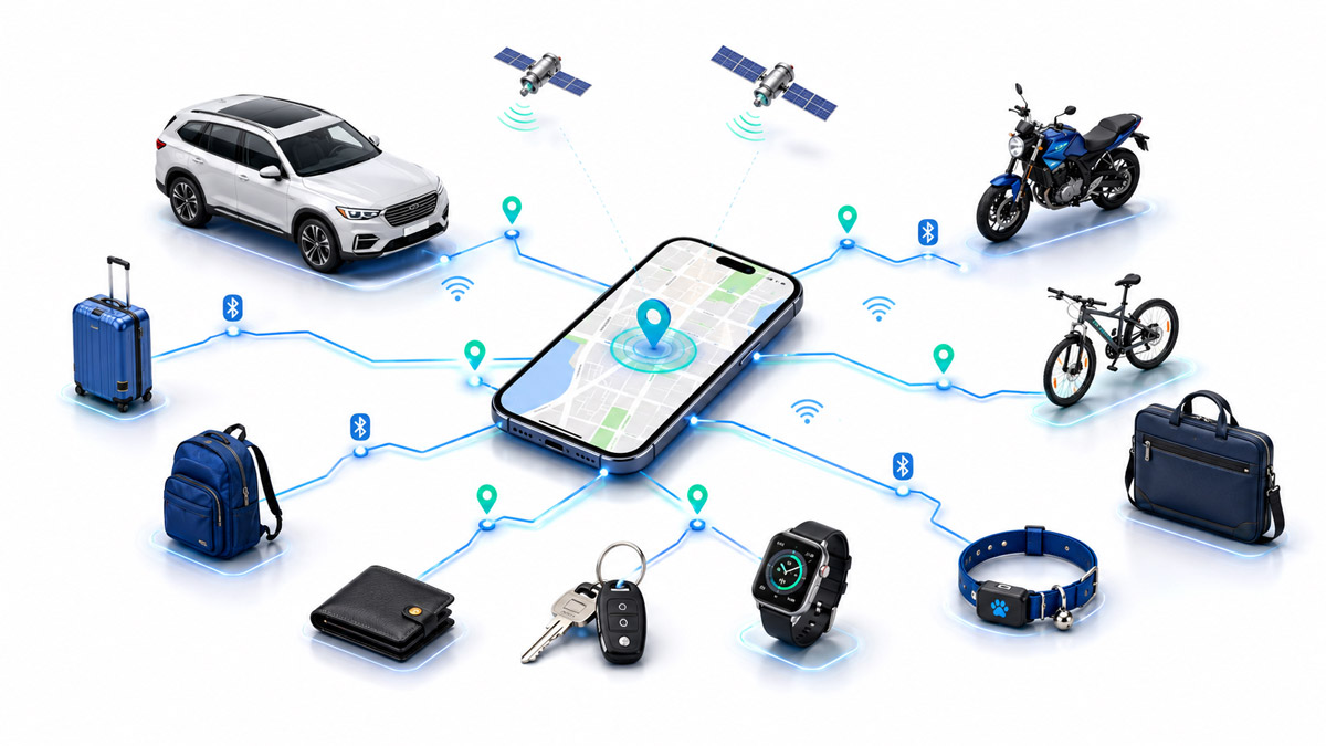 Illustration of a tracqueur connecting a smartphone to a car, bicycle, suitcase, keys, smartwatch and pet collar via GPS and Bluetooth