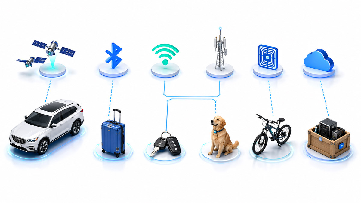 Overview diagram of GPS, Bluetooth, Wi-Fi, cellular, RFID and cloud technologies used by different types of trackers