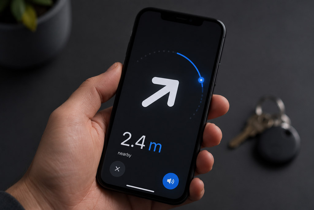 Smartphone screen showing Ultra Wideband precision finding with distance and direction arrow to a Bluetooth tracker