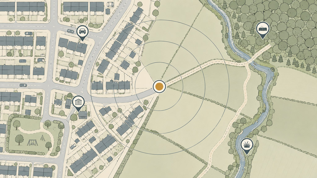 Aerial map illustration showing urban and rural search areas for a lost dog, with concentric search rings and common hiding places marked.