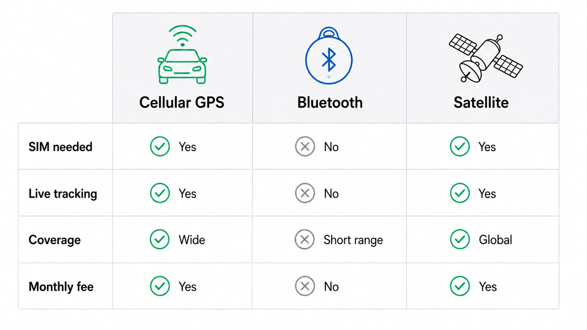Comparison chart of cellular GPS, Bluetooth and satellite trackers across SIM requirement, live tracking, coverage and monthly cost.