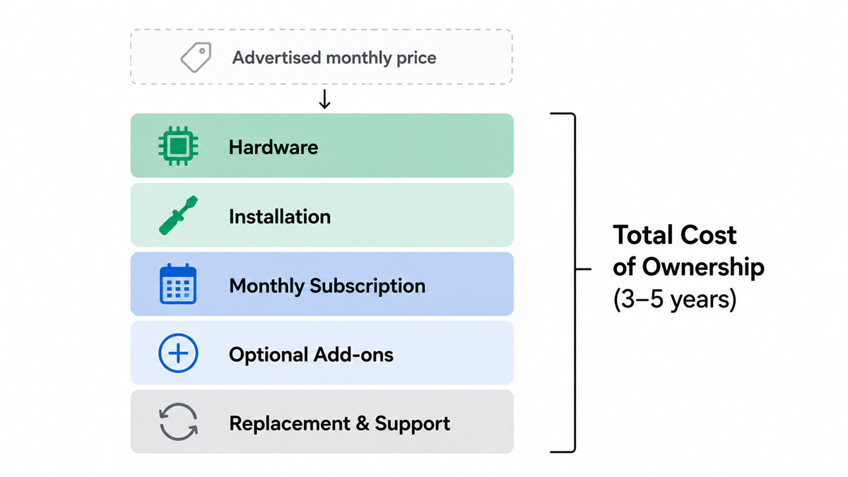 Diagram showing fleet tracking total cost of ownership built from hardware, installation, monthly subscription, add-ons and replacement costs over three to five years.