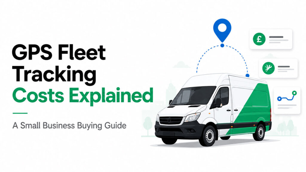 GPS fleet tracking costs explained — a UK small business buying guide showing a tracked commercial van with location and cost icons.