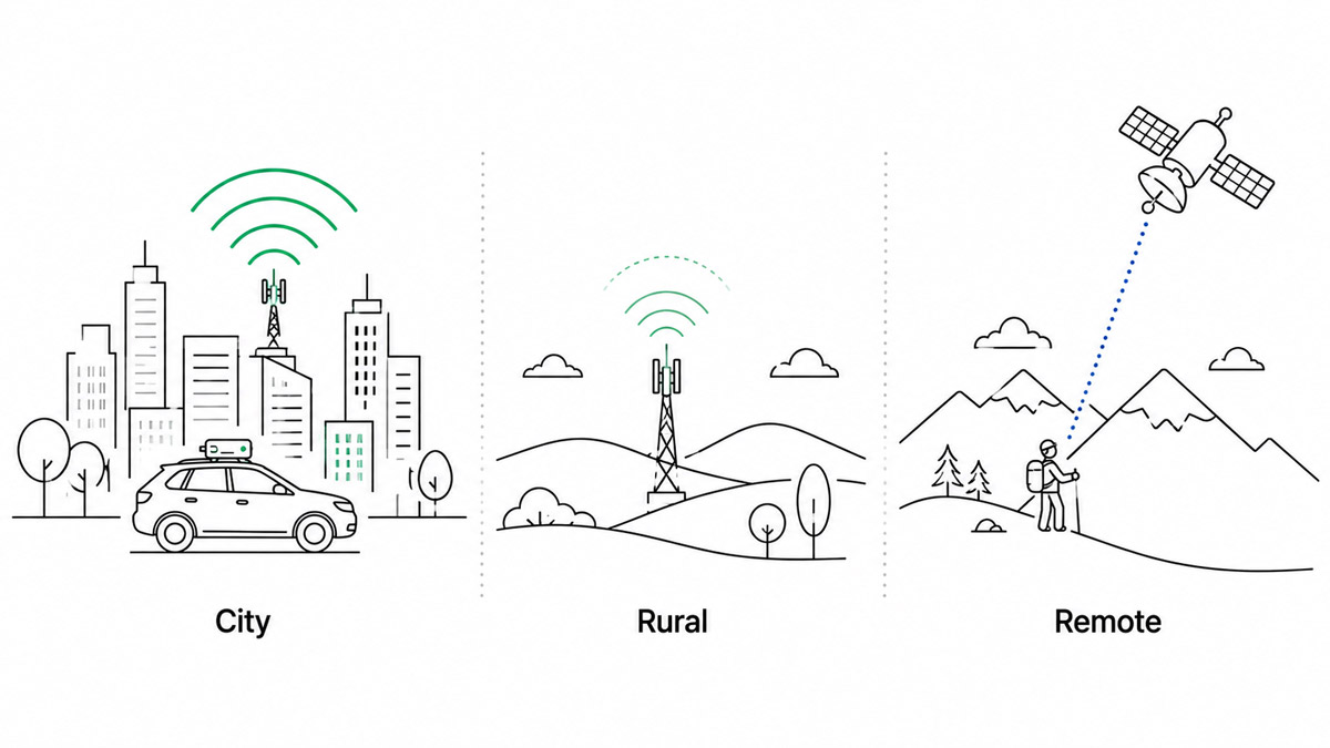 Illustration comparing tracker coverage in city, rural and remote areas, with satellite tracking covering the gap beyond mobile signal.