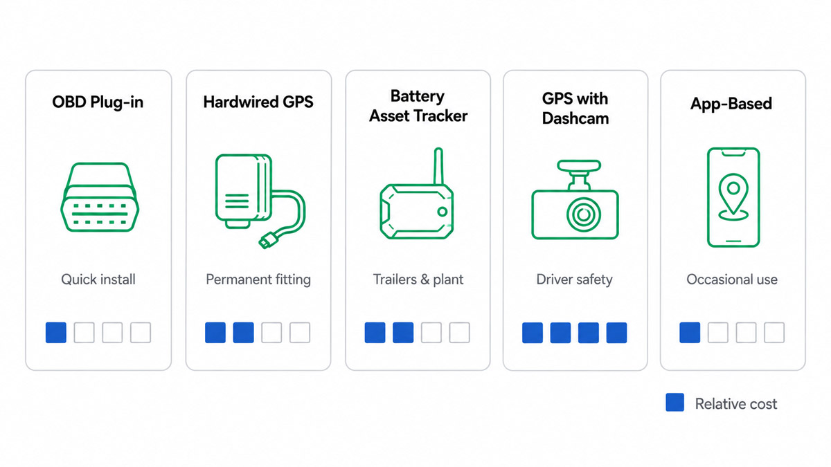 Comparison of GPS tracker types for UK fleets — OBD plug-in, hardwired, battery asset, dashcam and app-based — with their relative cost levels.