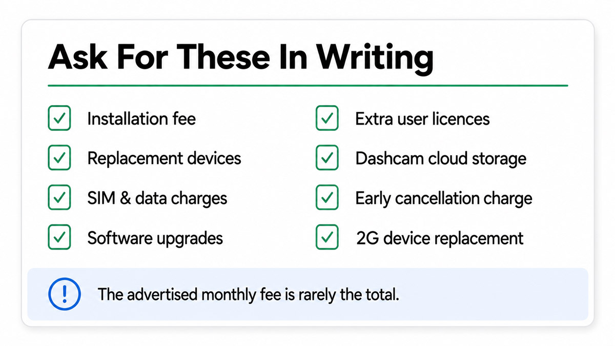 Checklist of hidden GPS fleet tracking costs to request in writing, including installation, SIM charges, licences and cancellation fees.
