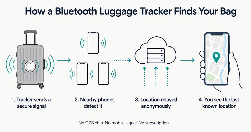 Diagram showing a Bluetooth luggage tracker signal being detected by nearby phones and relayed to the owner's map.