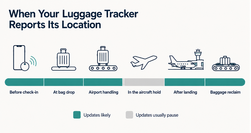 Timeline showing that a luggage tracker reports its location before and after a flight but pauses while the bag is in the aircraft hold.