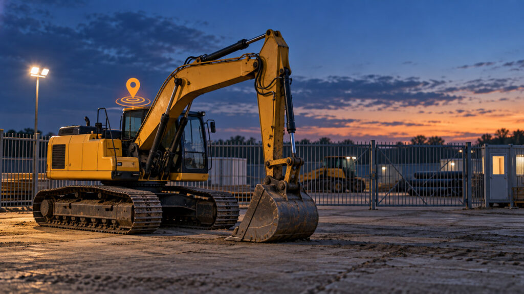 Excavator parked in a secured construction compound at dusk with a GPS location marker overlaid above it