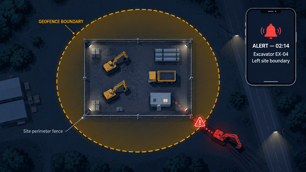 Diagram of a geofenced construction compound with an excavator crossing the boundary at night and triggering a phone alert