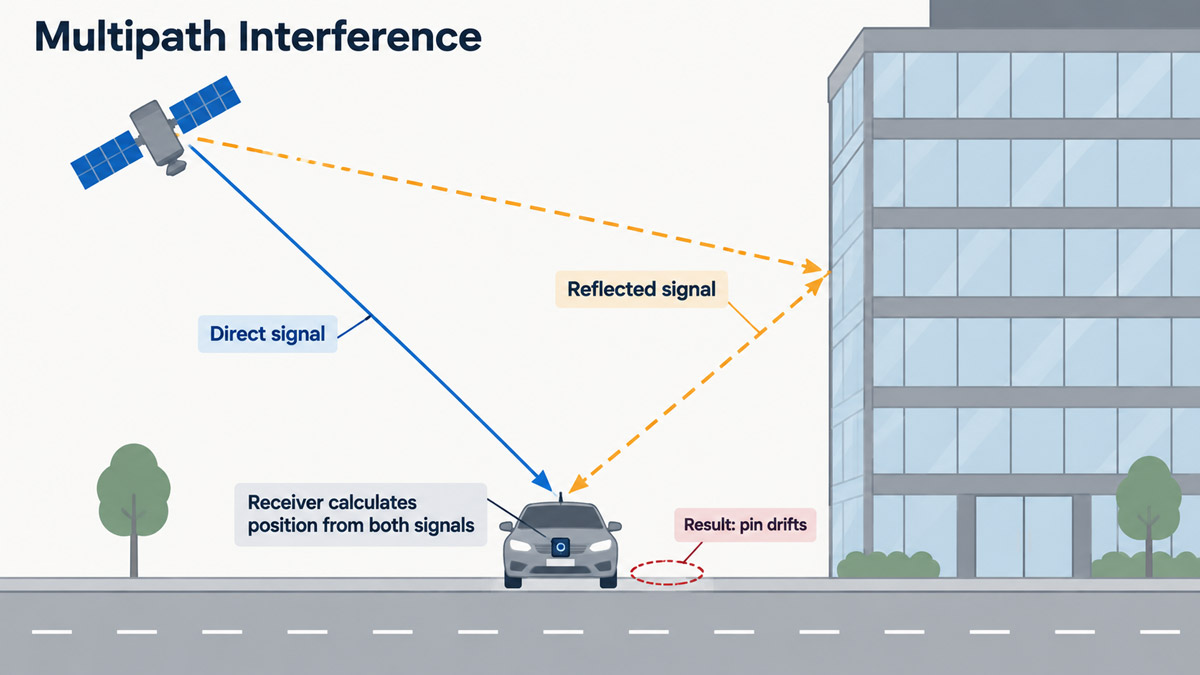 Diagram of GPS multipath interference showing a direct satellite signal and a signal reflected off a building both reaching a vehicle receiver
