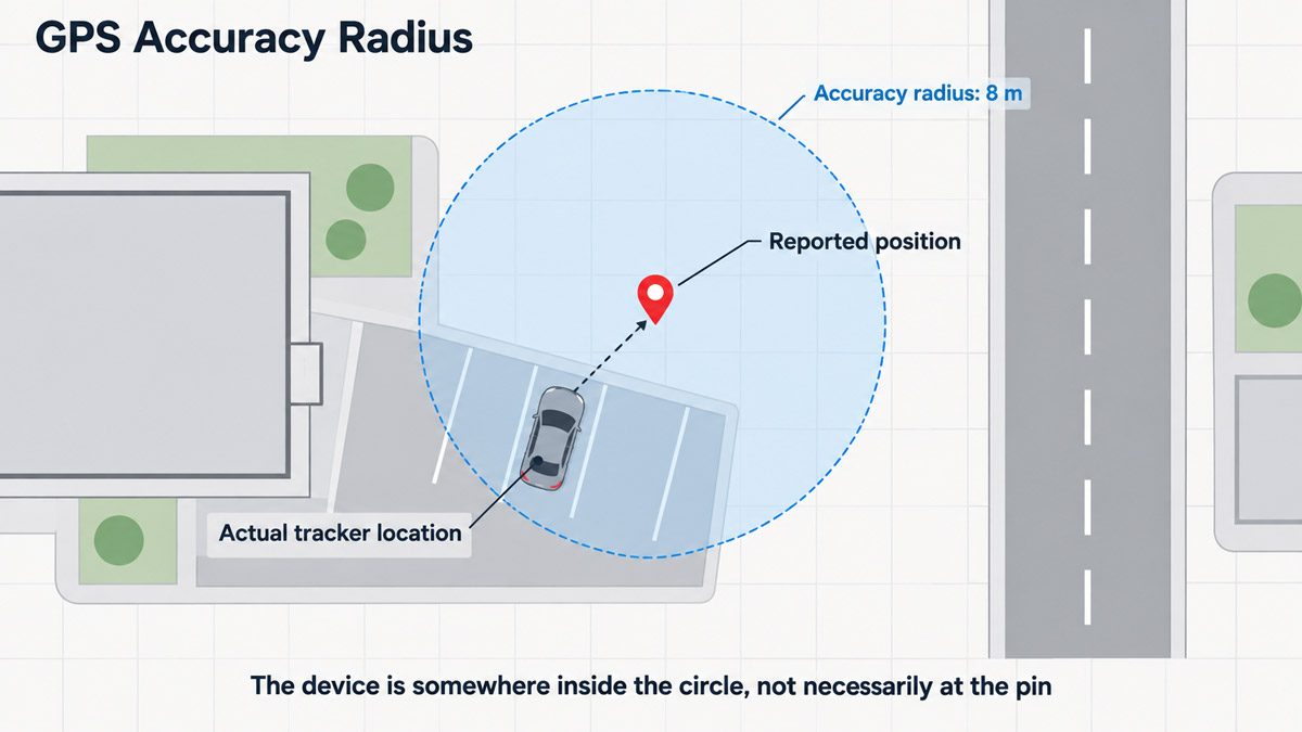 Diagram showing a GPS accuracy circle around a map pin, with the actual tracker position offset several metres from the reported pin