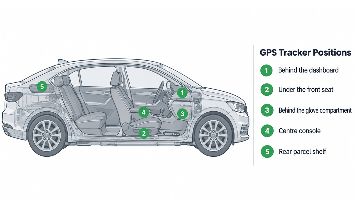 Cutaway side view of a car with five numbered GPS tracker installation points — dashboard, under-seat, glovebox, centre console and rear parcel shelf — listed in a key beside the vehicle.