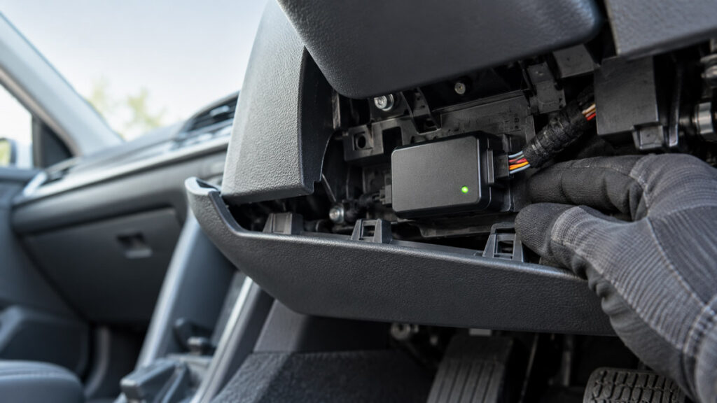 A small black GPS tracker device secured behind the dashboard trim of a car during installation.