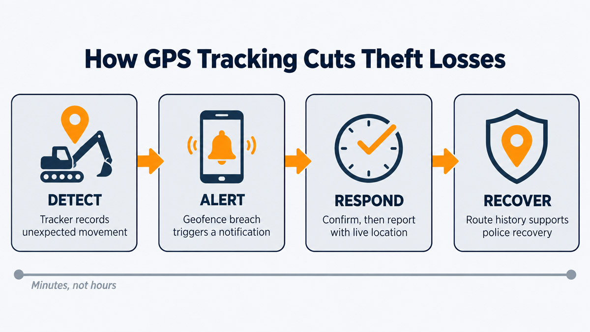 Four-stage flowchart showing how a GPS tracker responds to construction equipment theft: detect, alert, respond, recover