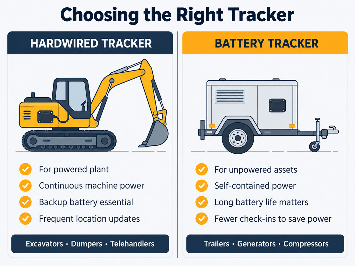 Side-by-side comparison of hardwired and battery-powered GPS trackers for powered and unpowered construction equipment